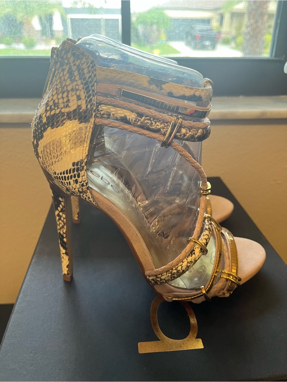 bebe Abban Snake-Print Strappy High Heels in color “Natural” Beige and Black